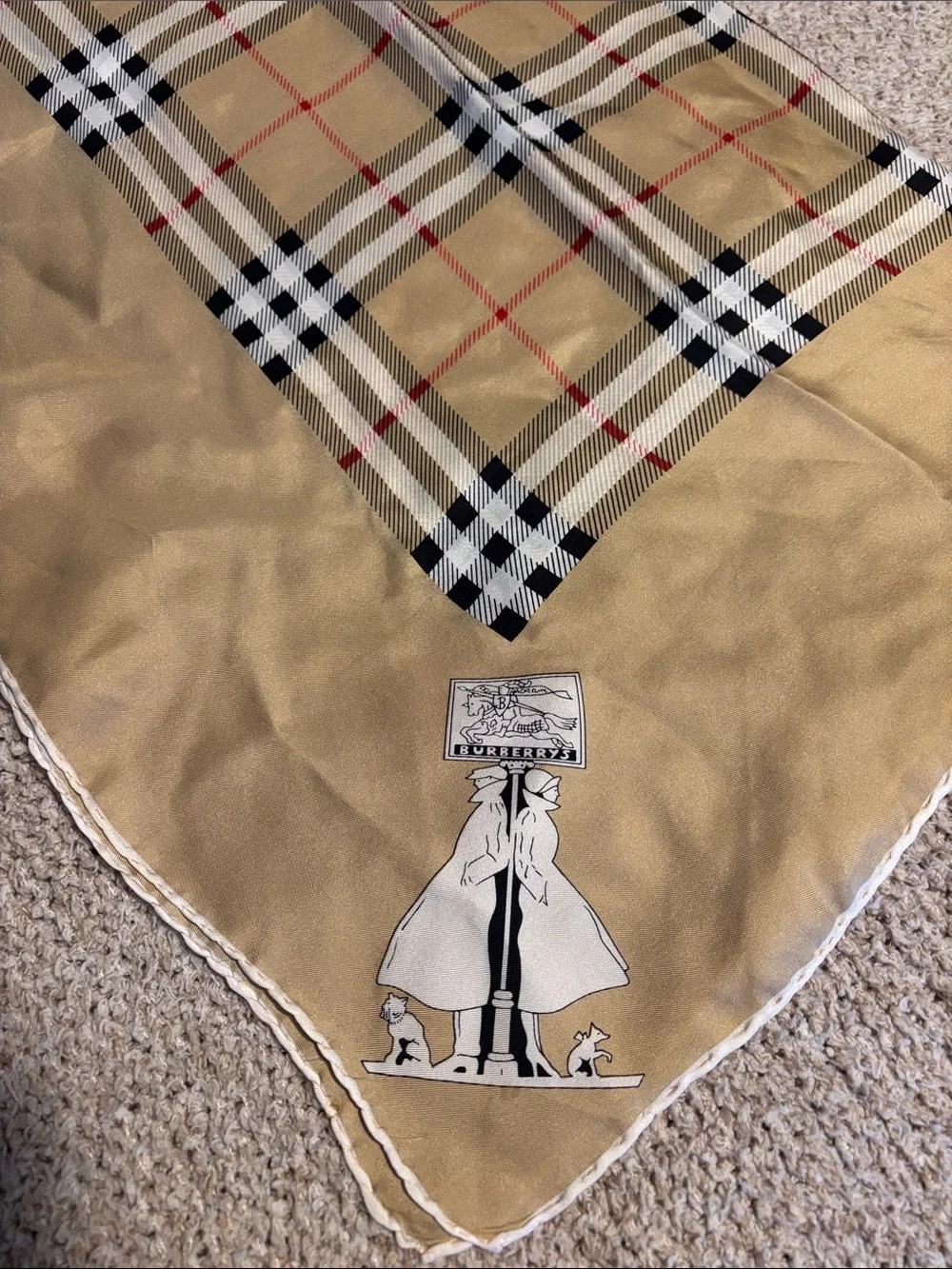 Burberry Vintage Nova Check Silk Scarf Plaid Red Black White Hand Stitch